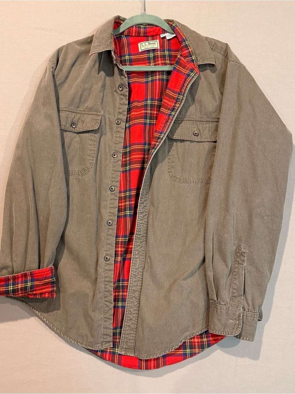 Vintage L.L. Bean Olive Green Shirt Jacket with Red Plaid Lining